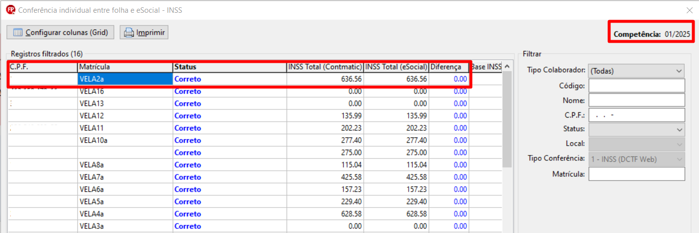Relatório de conferência individual do INSS para a competência 01/2025, exibindo valores da folha e do eSocial sem diferenças.
