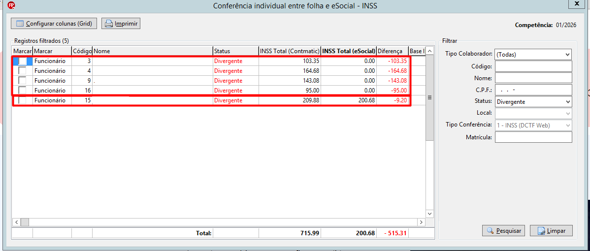 Filtro aplicado na tela de conferência para exibir apenas funcionários com status "Divergente", mostrando diferenças negativas de INSS.