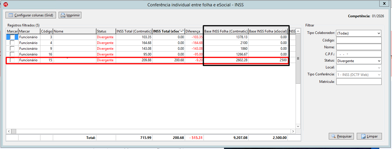 Tela de conferência de INSS agora exibindo todos os colaboradores com status "Correto" em verde e diferença de 0,00.