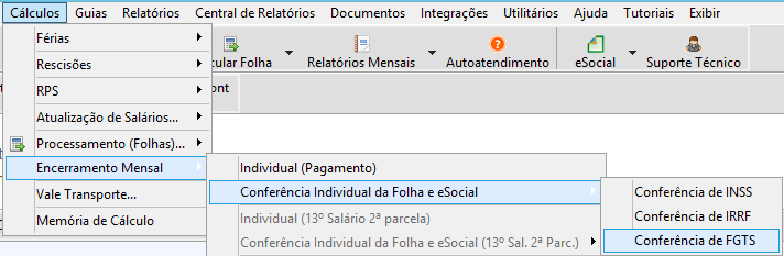 Menu do software Contmatic Phoenix selecionando Cálculos, Encerramento Mensal, Conferência Individual da Folha e eSocial, e Conferência de FGTS.