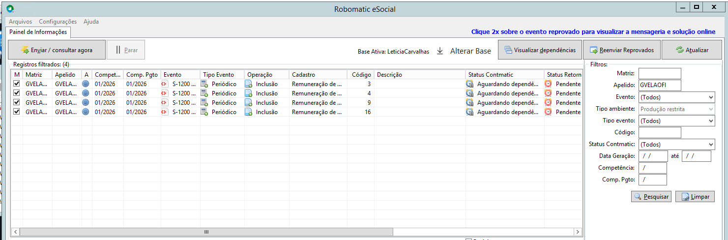 Menu do eSocial selecionando a opção Gerenciador de Eventos para acompanhar os envios da folha de pagamento.
