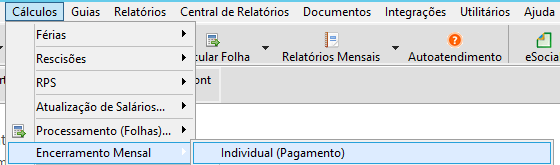 Menu do sistema Contmatic com o caminho "Cálculos" > "Encerramento Mensal" > "Individual (Pagamento)" selecionado.