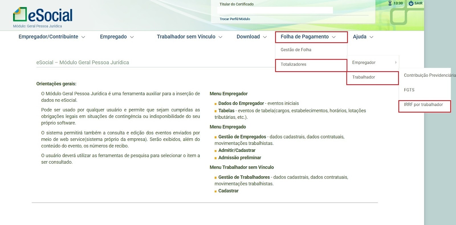 Menu do eSocial destacando o caminho: Folha de Pagamento > Totalizadores > Trabalhador > IRRF por trabalhador.