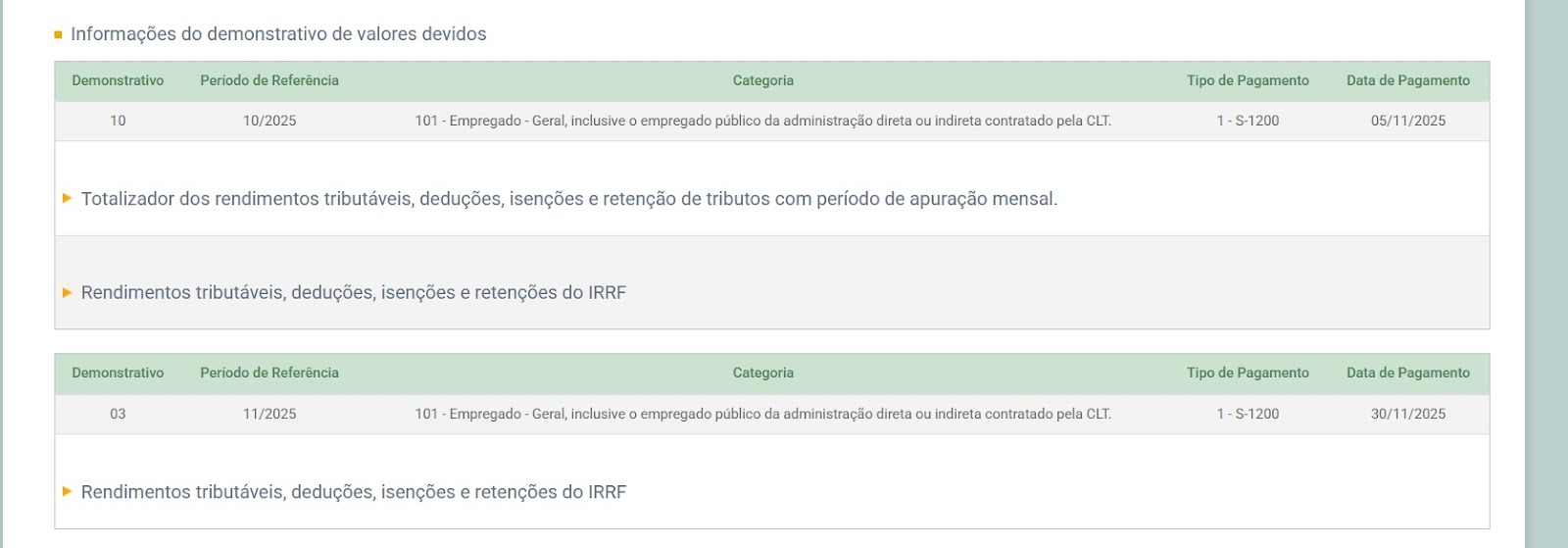 Tabela de demonstrativos de valores devidos com períodos de referência 10/2025 e 11/2025 e respectivas datas de pagamento.