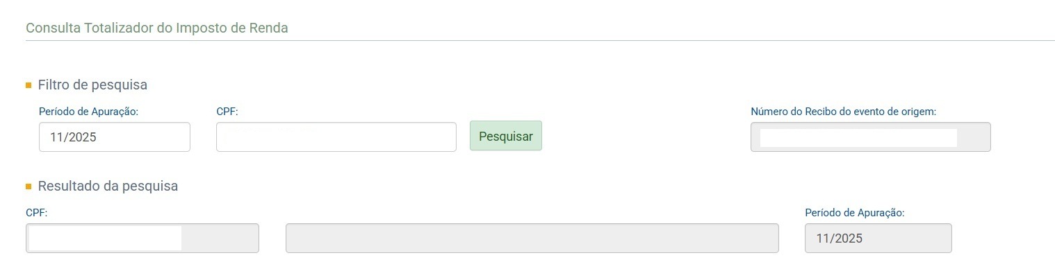 Resultado da pesquisa no eSocial para o período 11/2025, exibindo campos de CPF e número do recibo.