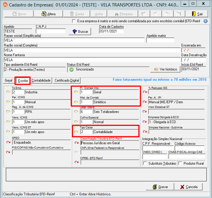 Aba Escrita do cadastro de empresas, configurada com Tipo Caixa como 2 - Contabilidade.