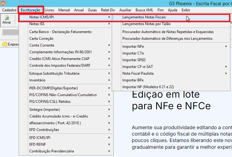 Menu Escrituração, selecionando Notas ICMS/IPI e a opção Lançamentos Notas Fiscais.