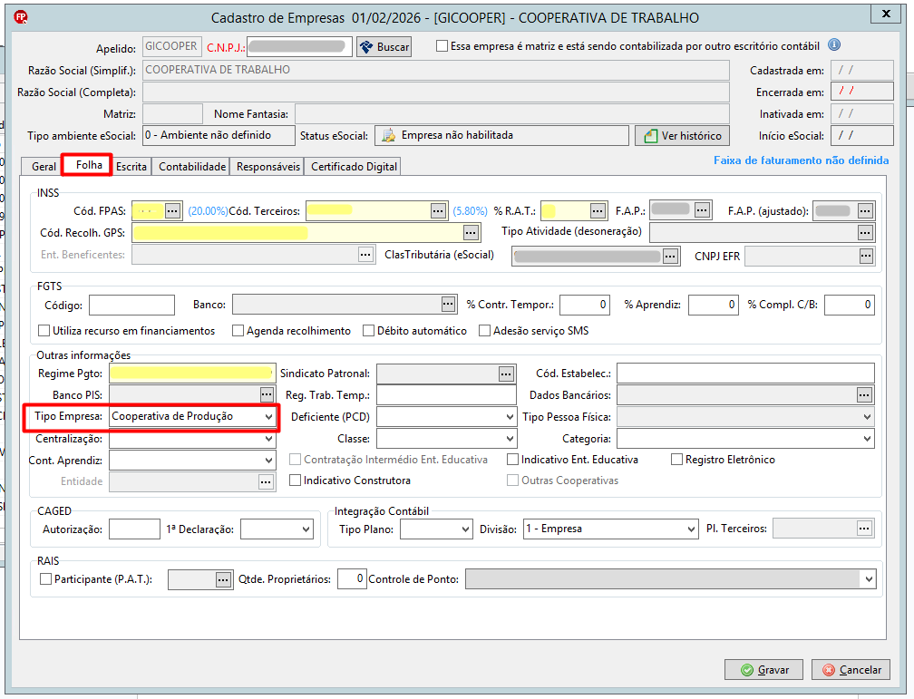 Tela de cadastro de empresa no software, com a aba "Folha" selecionada e o campo "Tipo Empresa" definido como "Cooperativa de Produção".