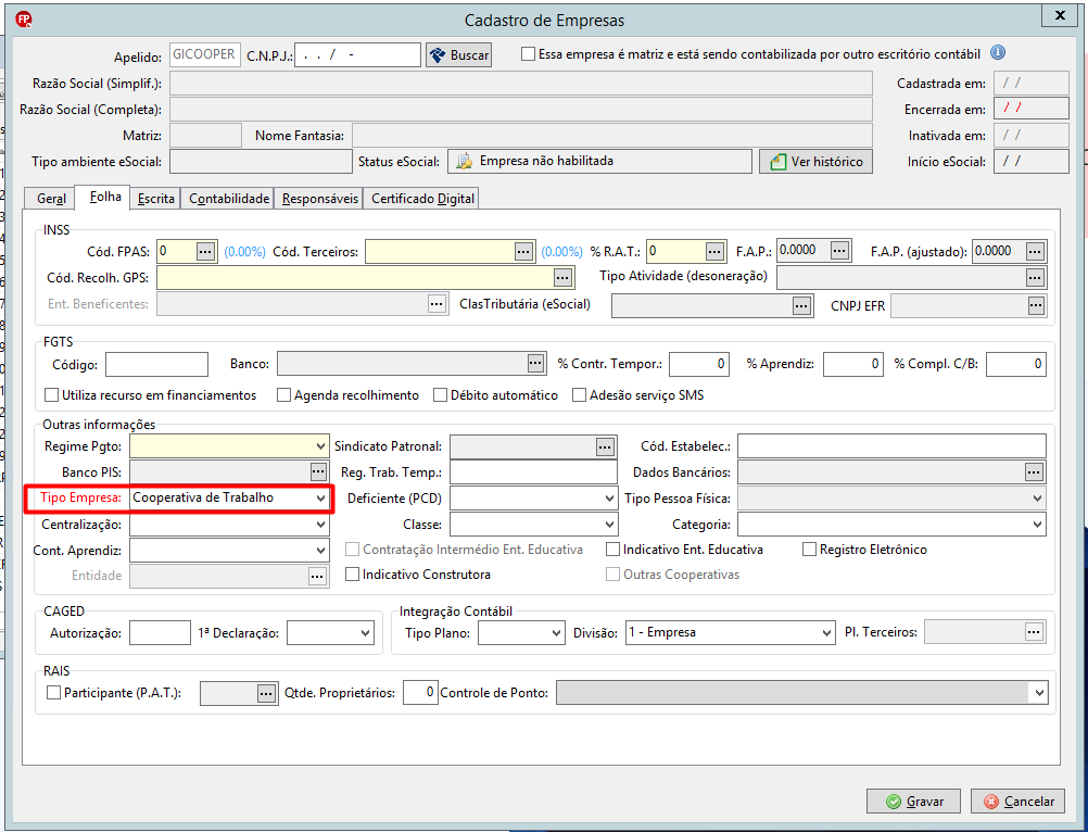 Interface de cadastro de empresa, idêntica à primeira, mas com o campo "Tipo Empresa" configurado especificamente como "Cooperativa de Trabalho".