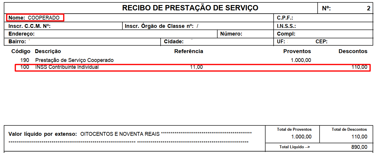 Recibo de Prestação de Serviço para Cooperado, destacando o desconto de INSS Contribuinte Individual com alíquota de 11% (R$ 110,00).