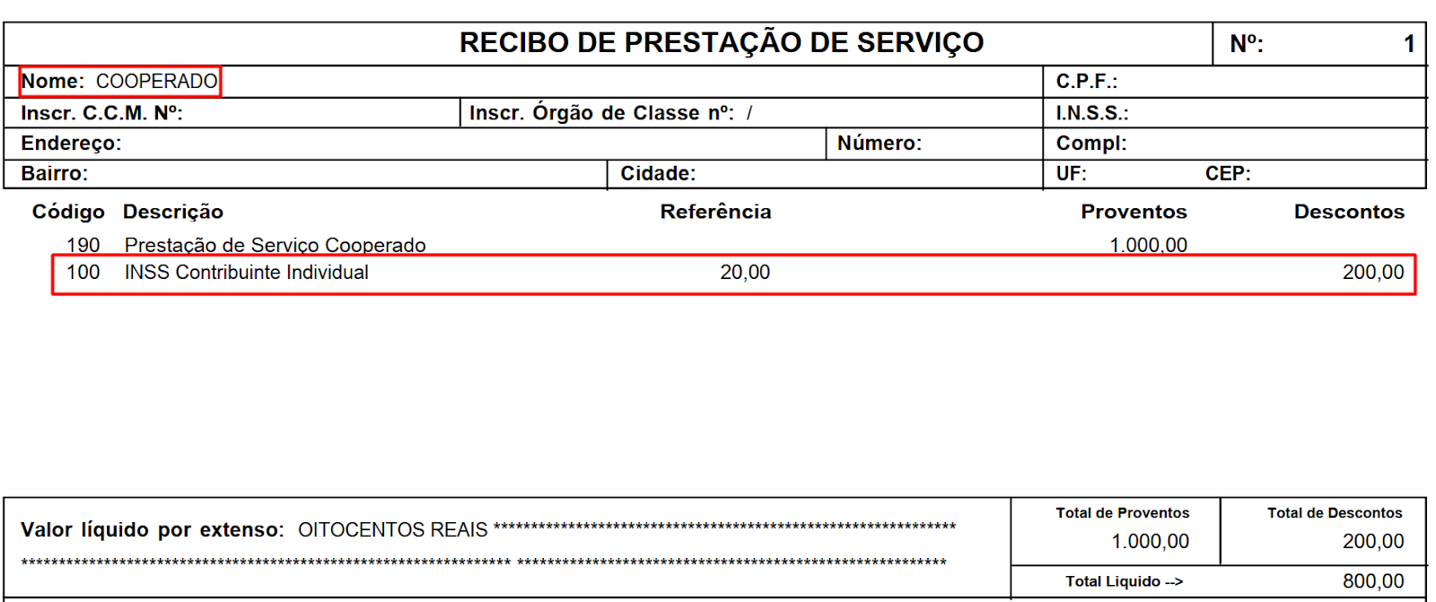 Recibo de Prestação de Serviço para Cooperado, apresentando o desconto de INSS Contribuinte Individual com alíquota de 20% (R$ 200,00).