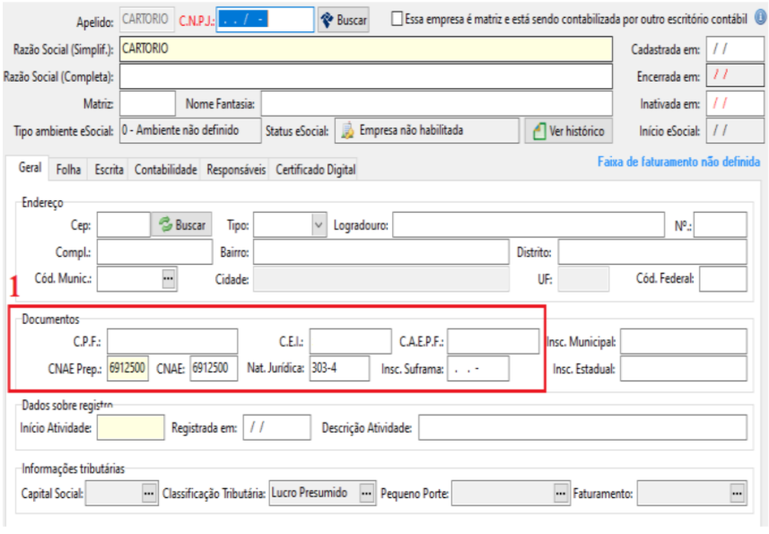 Tela de cadastro (aba Geral) de um Cartório em software contábil, destacando campos de CNAE 6912500 e Natureza Jurídica 303-4.