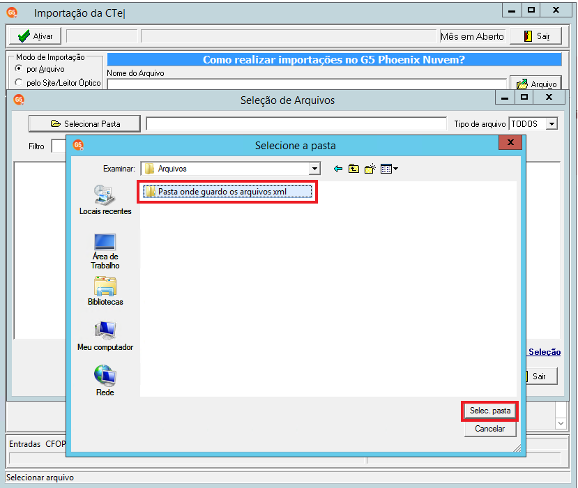 Janela do explorador de arquivos com destaque para uma pasta de arquivos XML e o botão 'Selec. pasta'.
