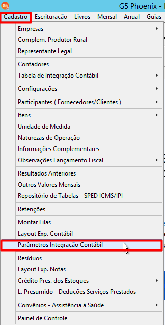 Menu Cadastro do G5 selecionando a opção Parâmetros Integração Contábil.