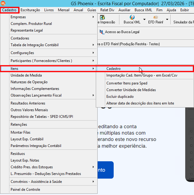 Repetição da navegação no menu Cadastro > Itens > Cadastro para acessar a lista de produtos.