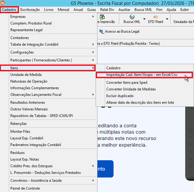 Menu Cadastro selecionando Itens e a opção Importação Cadastro Item/Grupo em Excel/CSV.