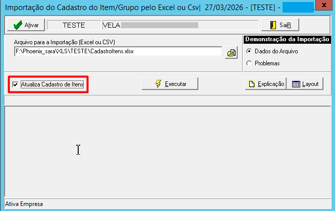 Janela de importação de dados com o checkbox Atualiza Cadastro de Itens marcado e caminho do arquivo selecionado.