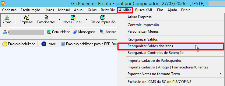 Menu Auxiliar do sistema selecionando a opção Reorganizar Saldos dos Itens para atualizar as informações.