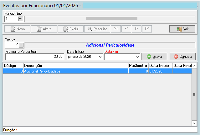Tela "Eventos por Funcionário" configurando um "Adicional de Periculosidade" com percentual de 30% e data de início.