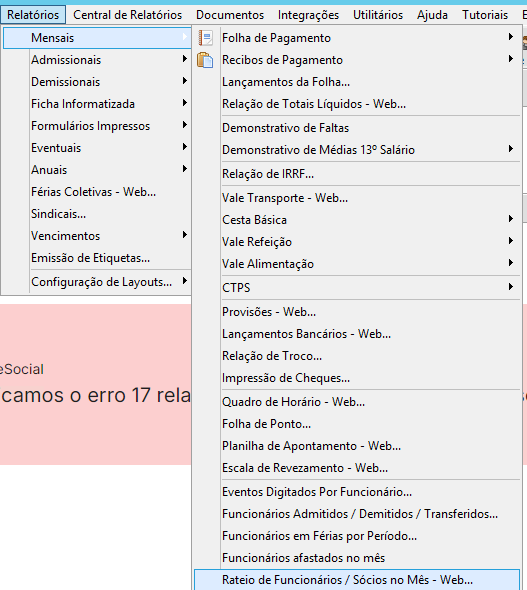 Menu "Relatórios", subopção "Mensais", selecionando o relatório "Rateio de Funcionários / Sócios no Mês - Web".