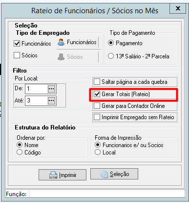 Configurações de impressão do relatório de rateio com a opção "Gerar Totais (Rateio)" selecionada.