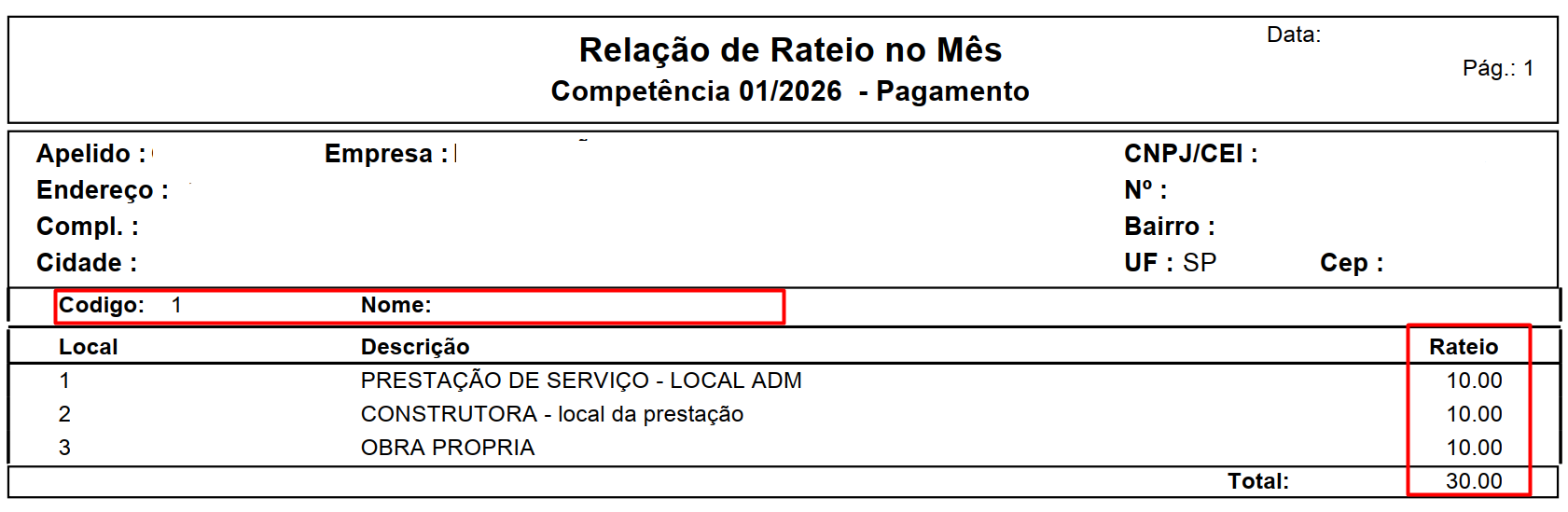 Relatório "Relação de Rateio no Mês" detalhando a distribuição proporcional de um funcionário entre três locais de serviço distintos.
