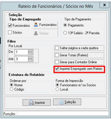 Janela de configuração de relatório com a opção "Imprimir Empregado sem Rateio" marcada para identificar pendências.