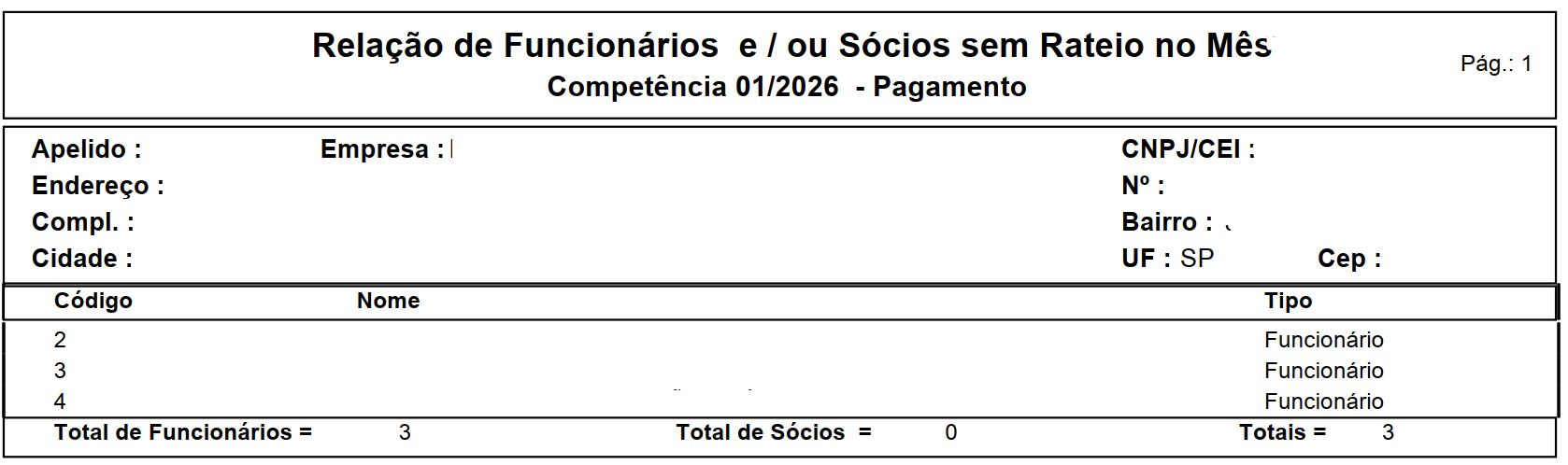 Relatório "Relação de Funcionários e/ou Sócios sem Rateio no Mês" listando códigos de colaboradores que não possuem divisão de custos.