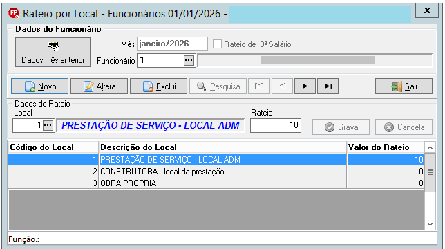 Configuração de rateio para um funcionário, mostrando a divisão proporcional entre três locais de prestação de serviço.