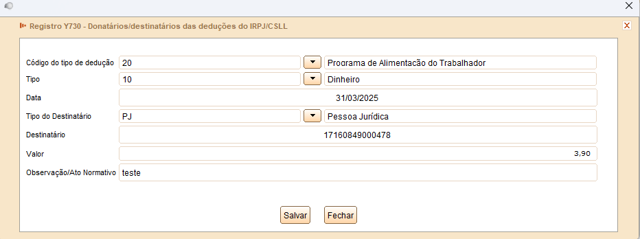 Tela do Registro Y730 preenchida com os dados da dedução referente ao PAT.