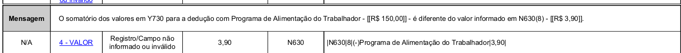Mensagem de erro informando divergência nos valores do PAT entre os registros Y730 e N630.