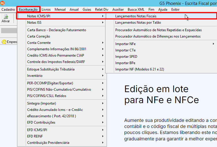 Menu do software G5 destacando o caminho Escrituração > Notas ICMS/IPI > Lançamentos Notas Fiscais em um retângulo vermelho.