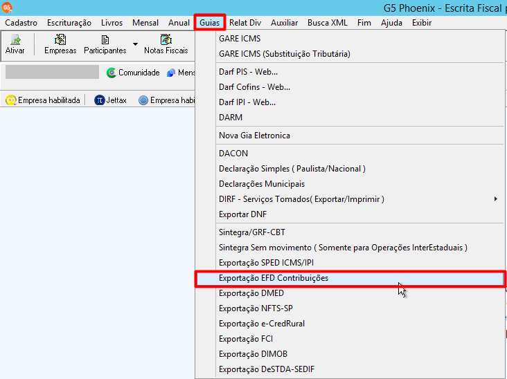 Menu do software G5 com o caminho Guias > Exportação EFD Contribuições selecionado em um destaque vermelho.