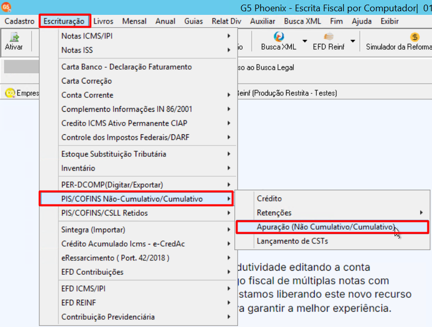 Menu do G5 mostrando o caminho Escrituração > PIS/COFINS Não-Cumulativo/Cumulativo > Apuração (Não Cumulativo/Cumulativo).