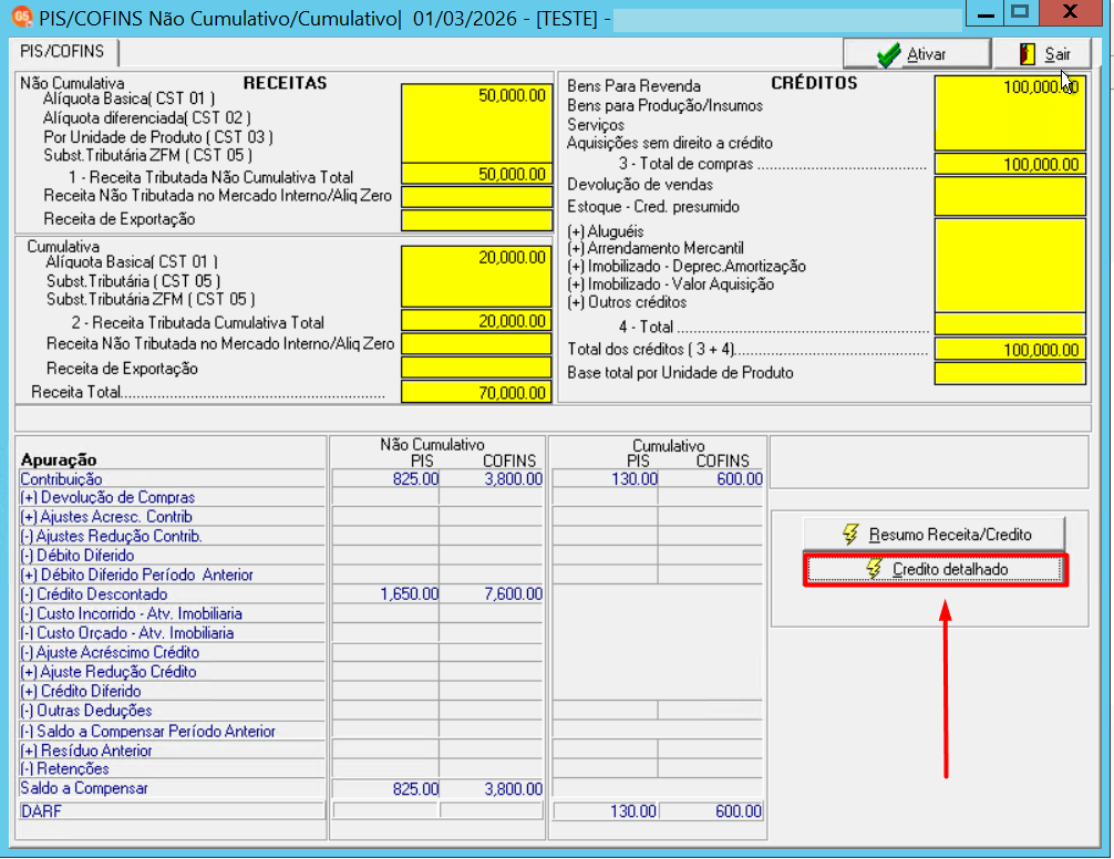 Tela de apuração de PIS/COFINS com campos de receitas e créditos preenchidos e o botão Credito detalhado destacado em vermelho.