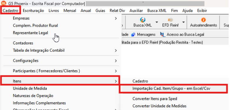 Menu superior do sistema G5. O caminho destacado é: Cadastro > Itens > Importação Cad. Item/Grupo - em Excel/Csv.