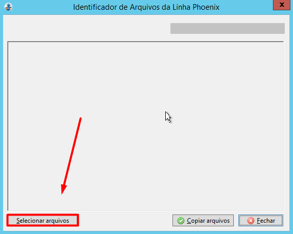 Janela "Identificador de Arquivos da Linha Phoenix". Uma seta e um retângulo vermelho destacam o botão "Selecionar arquivos" no canto inferior.