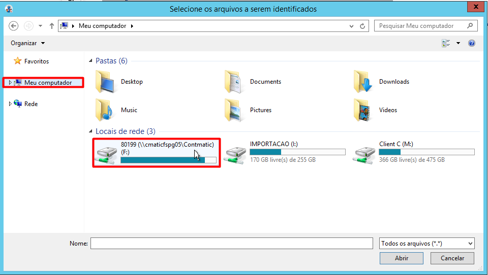 Explorador de arquivos do Windows. O destaque em vermelho mostra o caminho "Meu computador" e a unidade de rede mapeada como "F:".