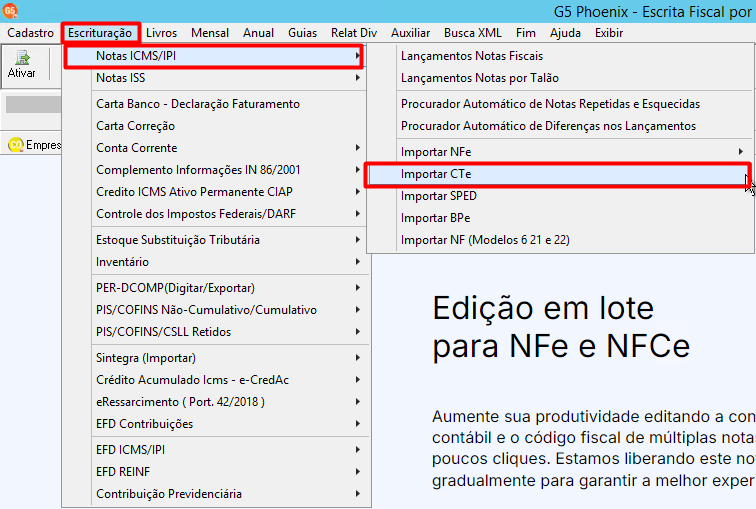 Menu superior do G5 destacando o caminho: Escrituração > Notas ICMS/IPI > Importar CTe.