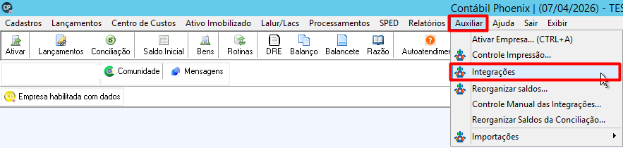 Menu Auxiliar > Integrações no software Contábil Phoenix, com foco na opção de integração de dados.