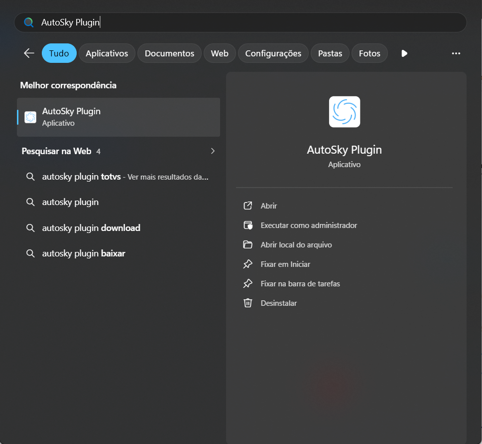 Menu Iniciar do Windows exibindo o aplicativo "AutoSky Plugin" nos resultados de busca e opções de execução e desinstalação.