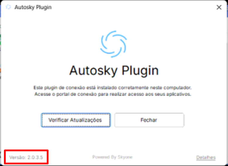 Janela do AutoSky Plugin informando que está instalado corretamente, destacando a versão antiga 2.0.3.5 no canto inferior esquerdo.