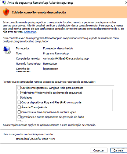 Aviso de segurança do Windows sobre conexão remota desconhecida do servidor "contmatic-9438aa042-sca.autosky.app" com opções de permissão.