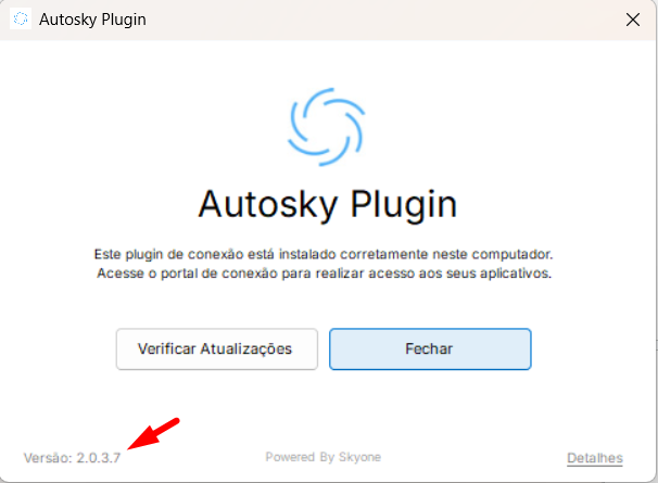 Janela do AutoSky Plugin após atualização, com seta vermelha indicando a nova versão instalada: 2.0.3.7.