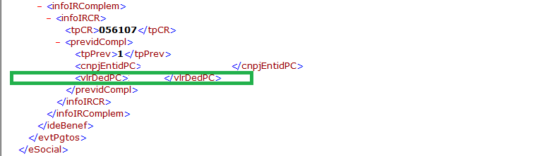 Trecho de arquivo XML do eSocial com a tag <vlrDedPC> vazia destacada em um retângulo verde, gerando a inconsistência no envio.