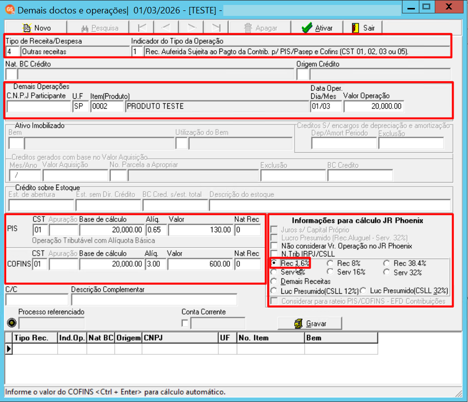 Tela Demais documentos e operações configurando uma receita de R$ 20.000,00 com marcação para o cálculo de 1,6%.