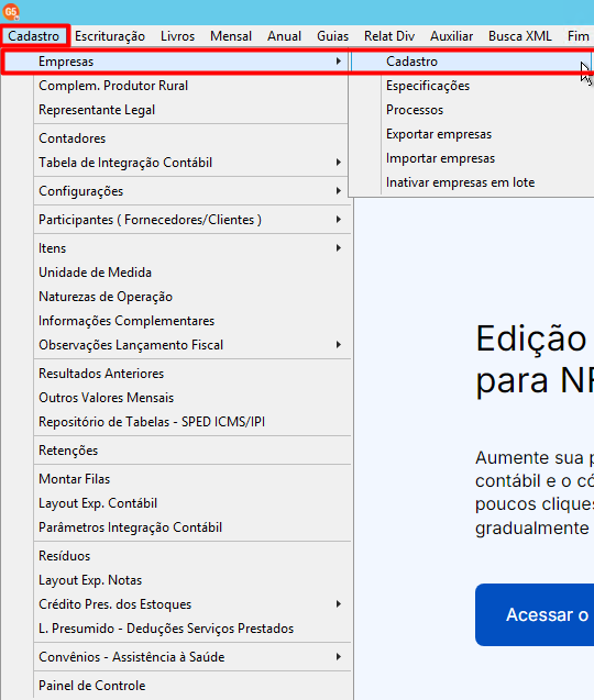Menu Cadastro > Empresas > Cadastro no G5 Phoenix, destacando o caminho inicial para configurações empresariais.