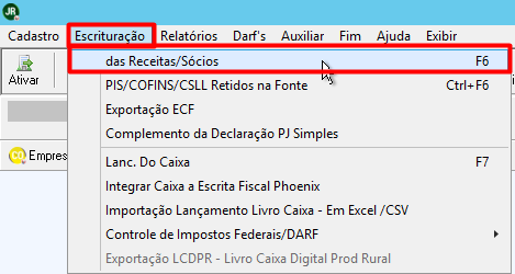 Menu Escrituração selecionando a opção "das Receitas/Sócios (F6)" para apuração de impostos federais.