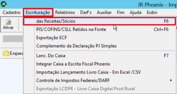 Menu Escrituração do JR Phoenix selecionando a opção "das Receitas/Sócios (F6)" para processar a apuração trimestral.