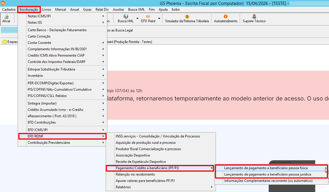 Menu Escrituração > EFD REINF > Pagamento/Crédito a beneficiário (PF/PJ) > Lançamento de pagamento a beneficiário pessoa física/jurídica.
